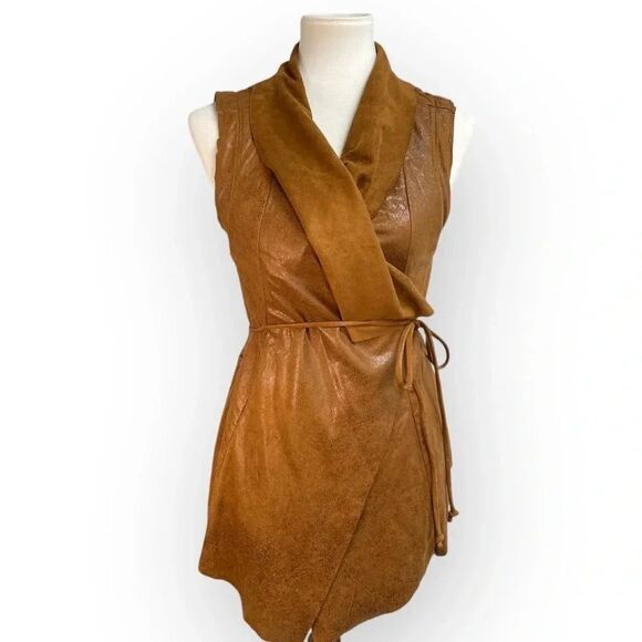 Comme USA Faux Suede Leather Vest, small. Belt tie wrap waterfall cowl brown tan - Picture 7 of 12